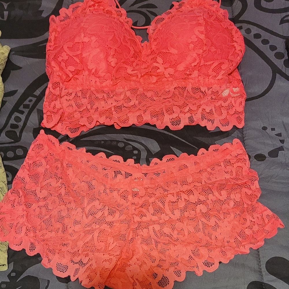 Lace Bralette and Shorts Set - Hot Pink